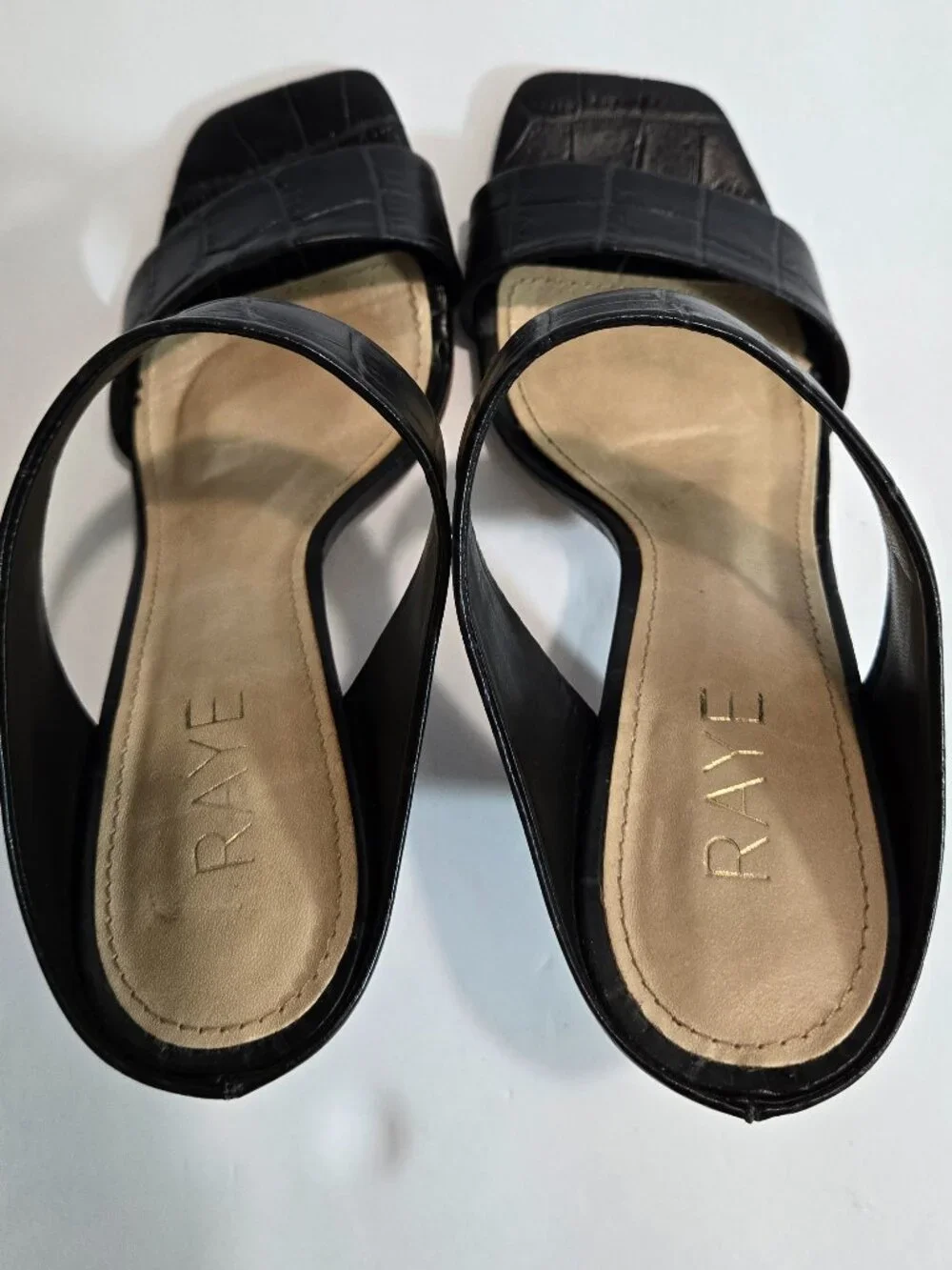 RAYE Black Gaze Croc-Embossed Double Strap Square Toe Slide Heels Size 8